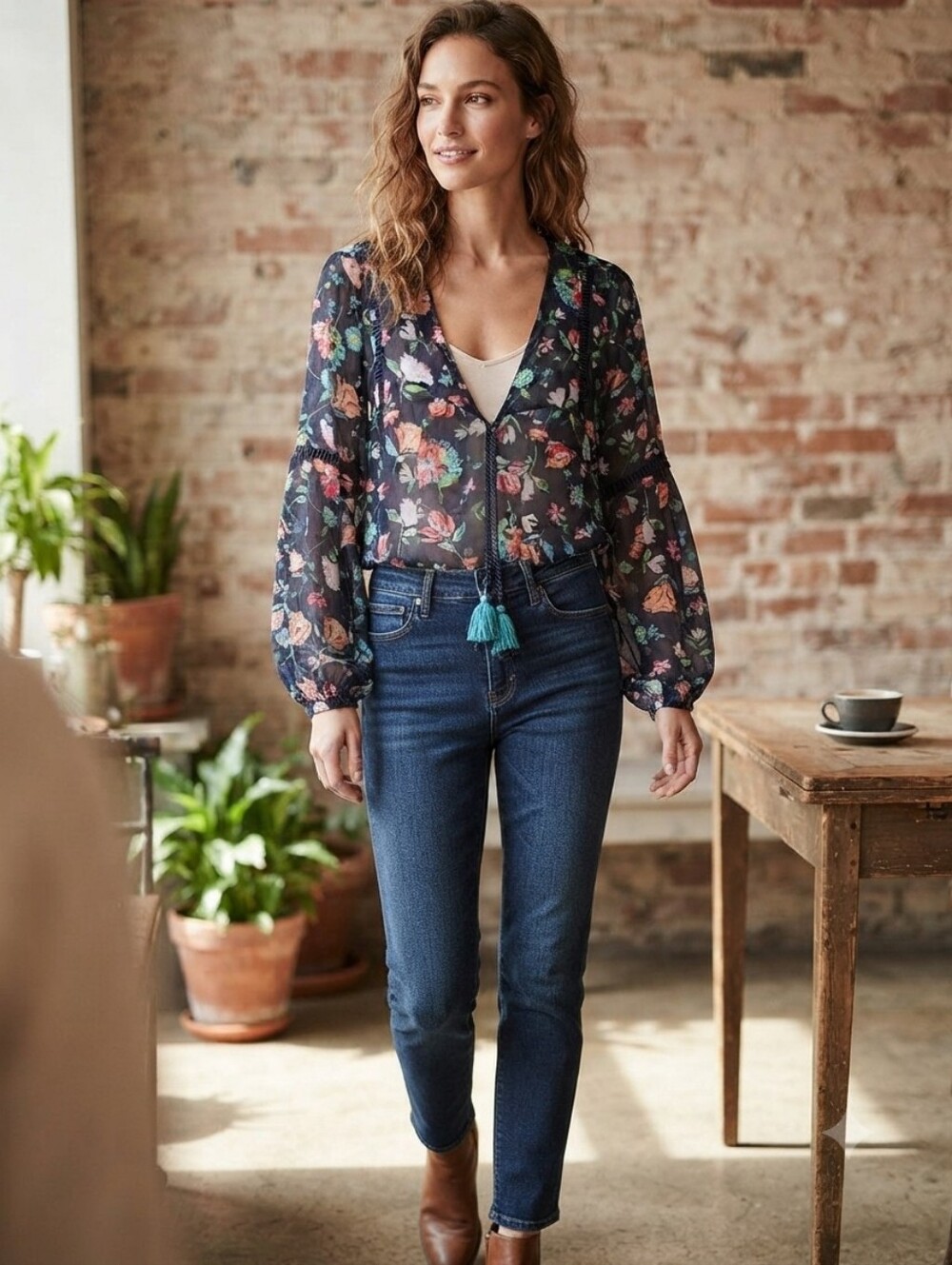 Time and Tru Women's Long Sleeve Floral Sheer Blouse Size 12/14